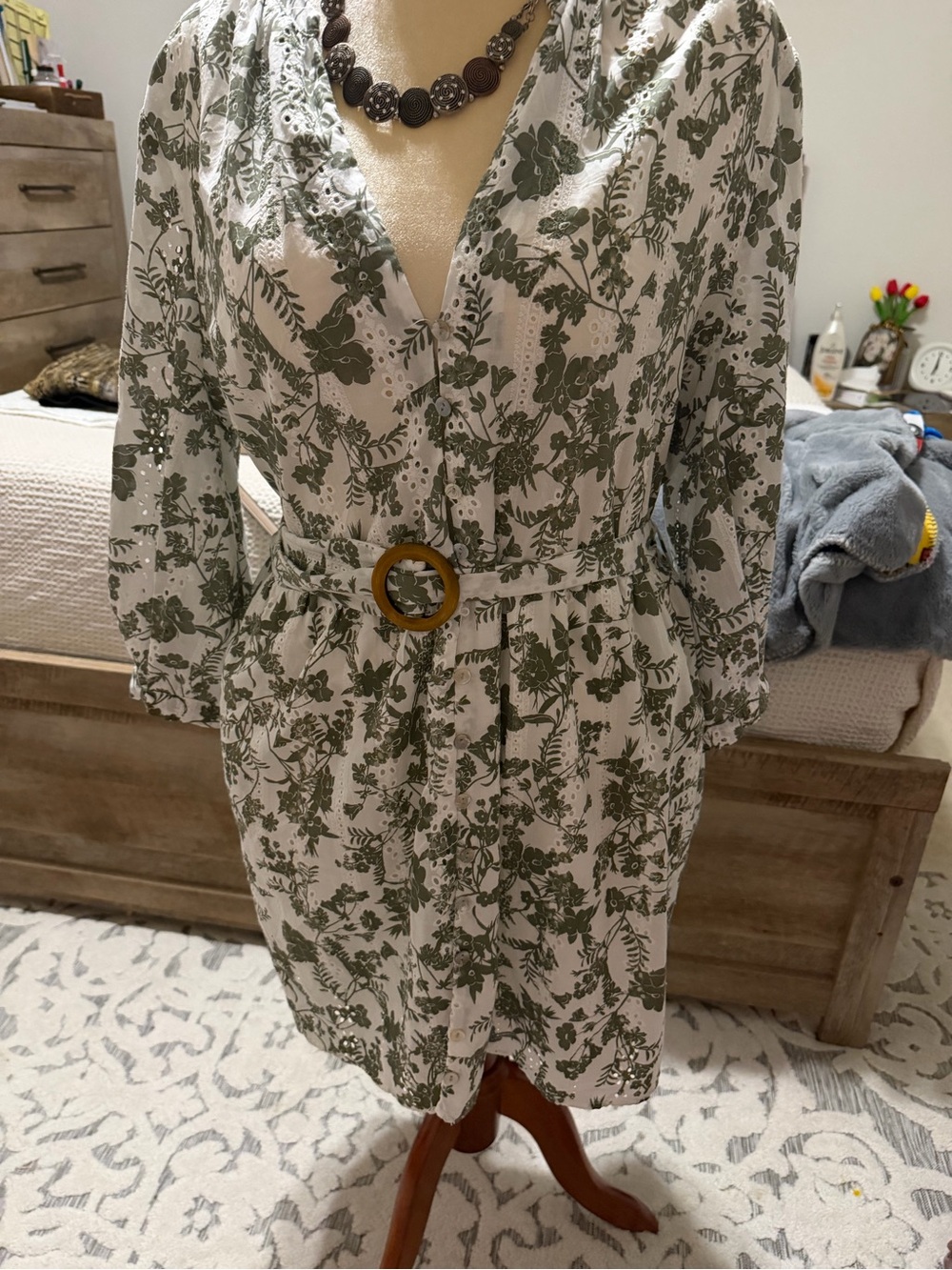 Zara White Dress with Green Floral Print and Belt